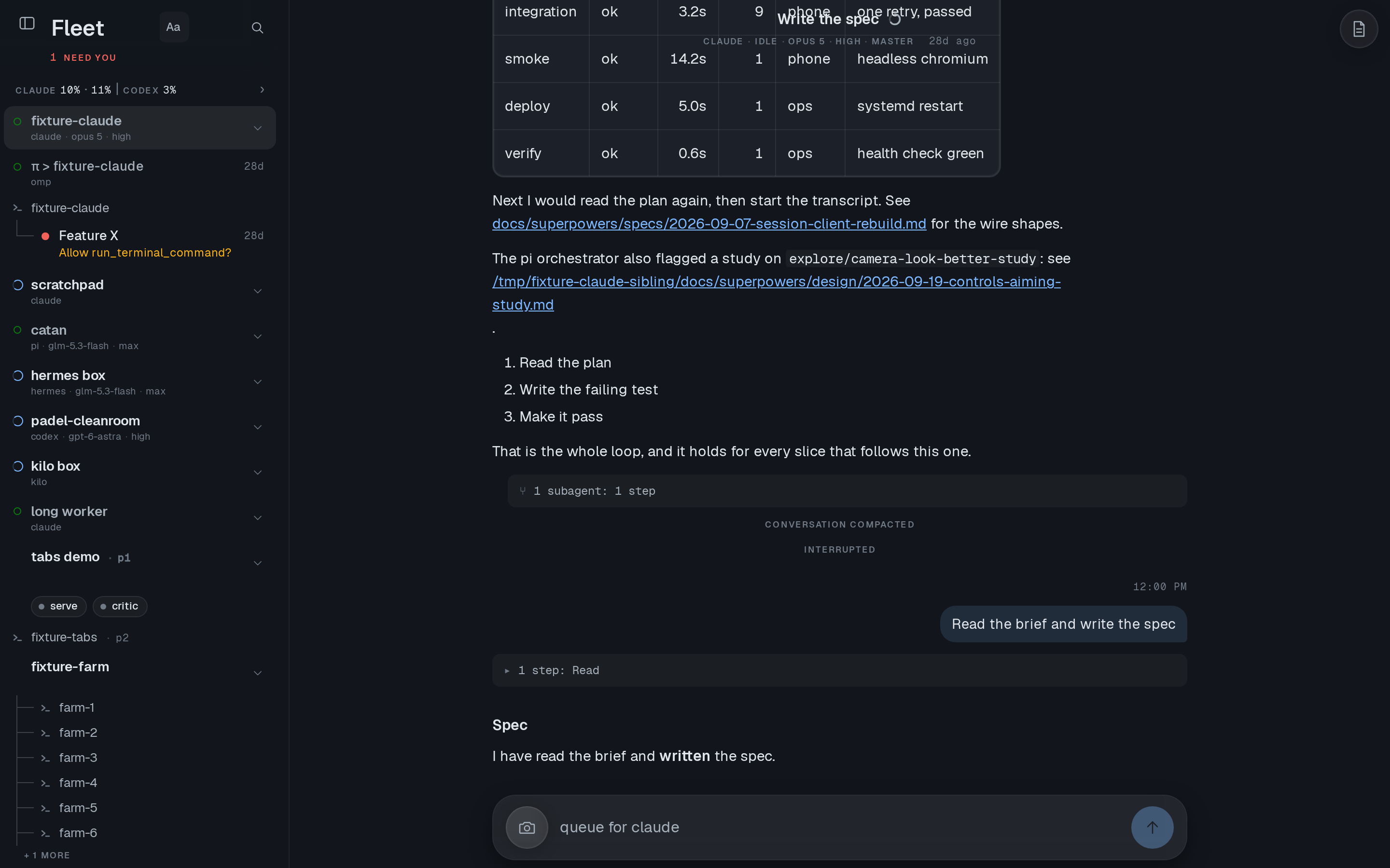 A session, mid-transcript, from the agent's own record.